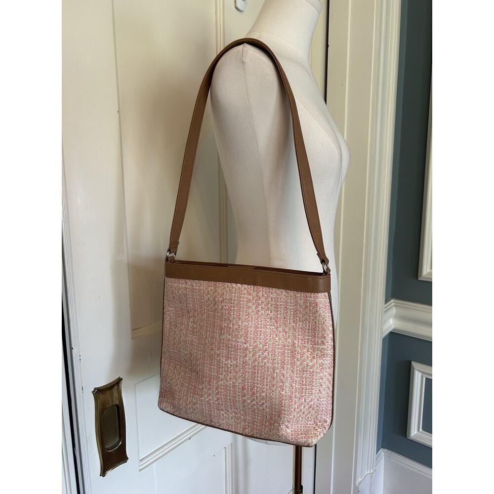 Fossil Woven Bamboo Shoulder Bag Pink Green Brown Lightweight Summer